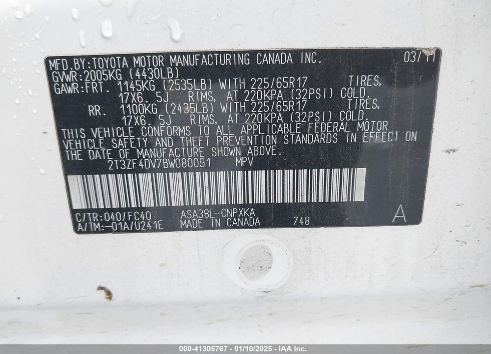 2011 TOYOTA RAV4 VIN: 2T3ZF4DV7BW080091