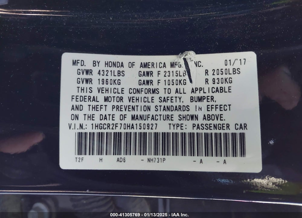 2017 HONDA ACCORD EX VIN: 1HGCR2F70HA150927