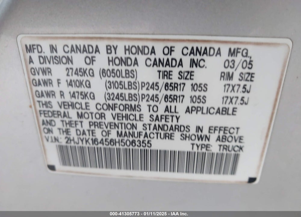2006 HONDA RIDGELINE VIN: 2HJYK16456H506355