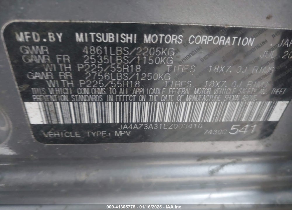 2020 MITSUBISHI OUTLANDER SE 2.4 S-AWC VIN: JA4AZ3A31LZ003410