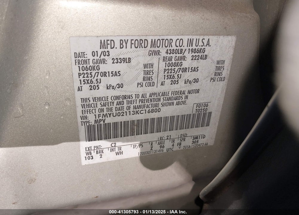 2003 FORD ESCAPE XLS VIN: 1FMYU02113KC16800