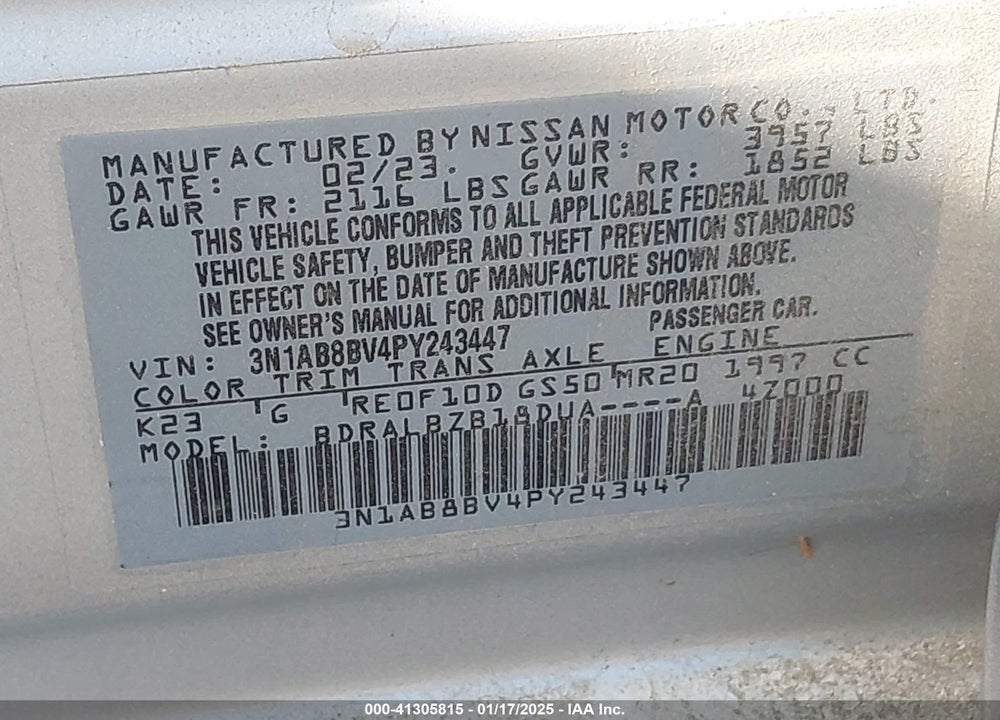 2023 NISSAN SENTRA VIN: 3N1AB8BV4PY243447