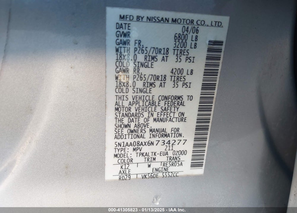 2006 NISSAN ARMADA SE VIN: 5N1AA08AX6N734277