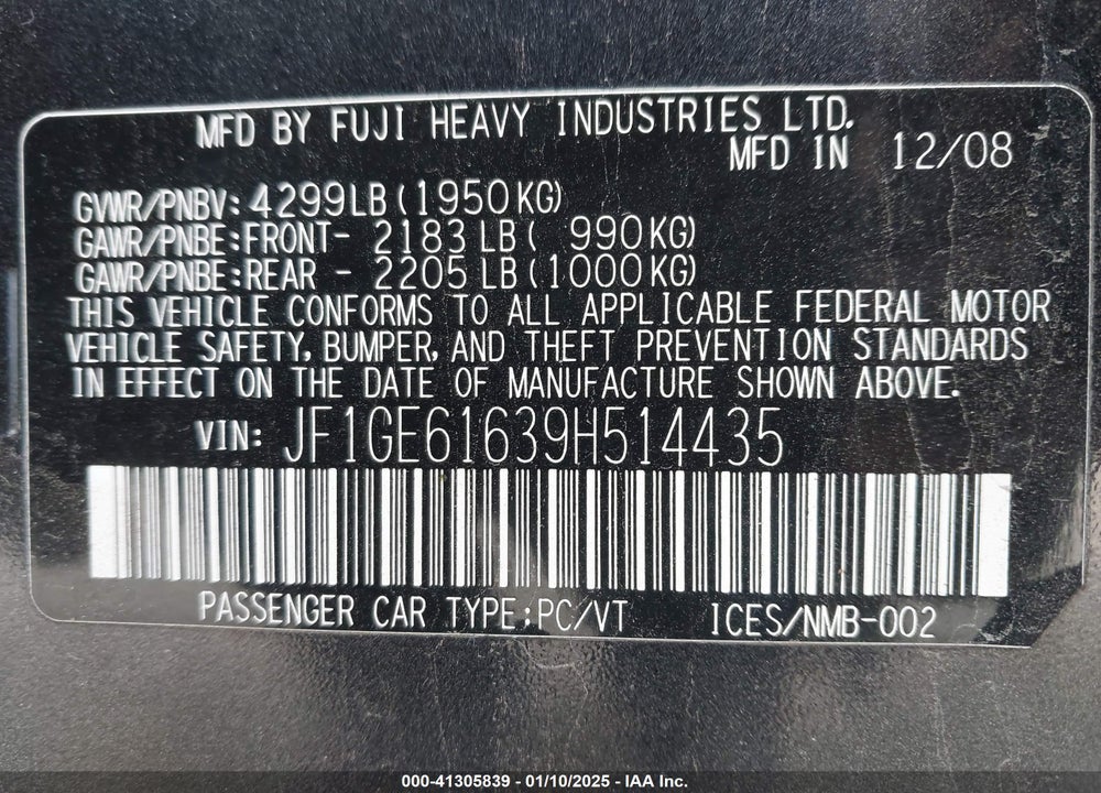 2009 SUBARU IMPREZA 2.5I VIN: JF1GE61639H514435