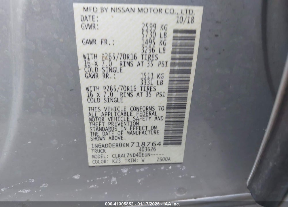 2019 NISSAN FRONTIER VIN: 1N6AD0ER0KN718764