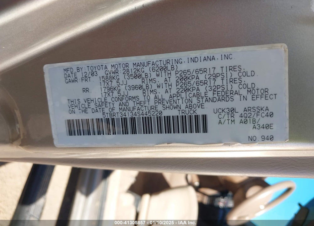 2004 TOYOTA TUNDRA SR5 V8 VIN: 5TBRT34134S445220