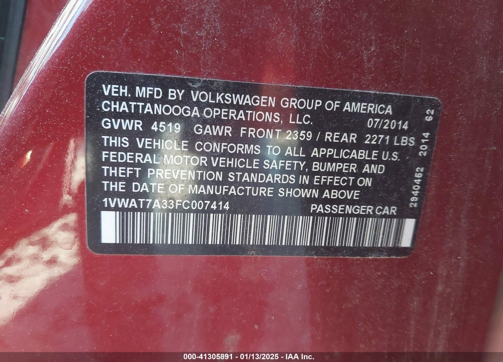 2015 VOLKSWAGEN PASSAT VIN: 1VWAT7A33FC007414