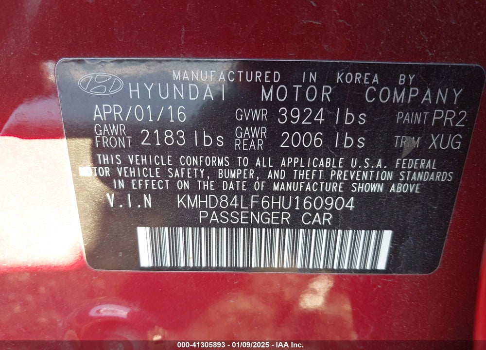 2017 HYUNDAI ELANTRA VIN: KMHD84LF6HU160904