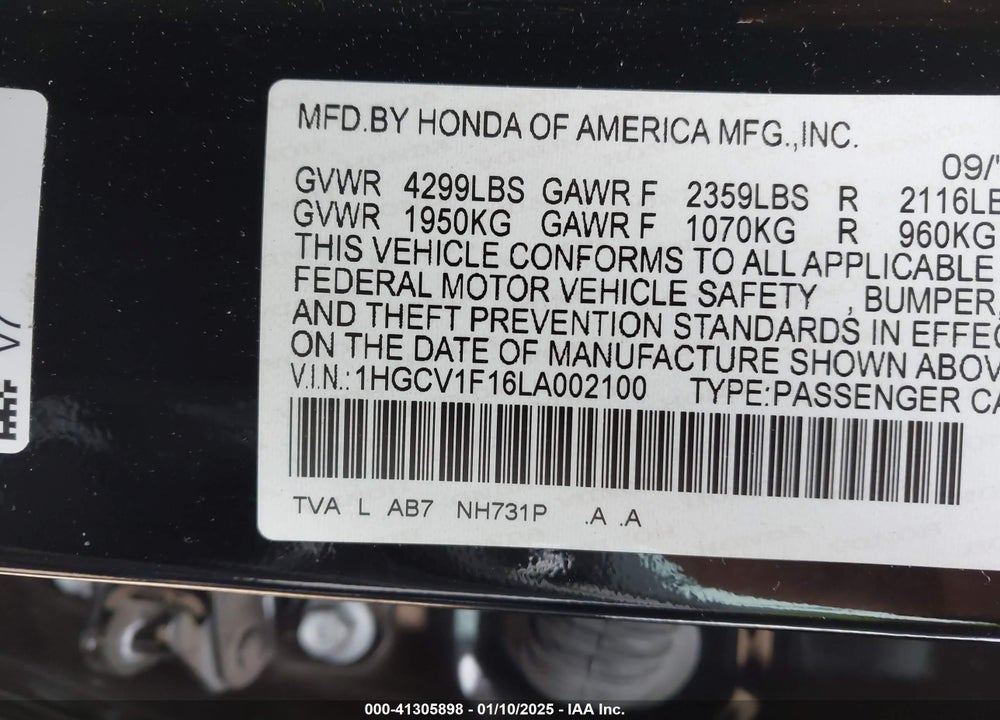 2020 HONDA ACCORD LX VIN: 1HGCV1F16LA002100