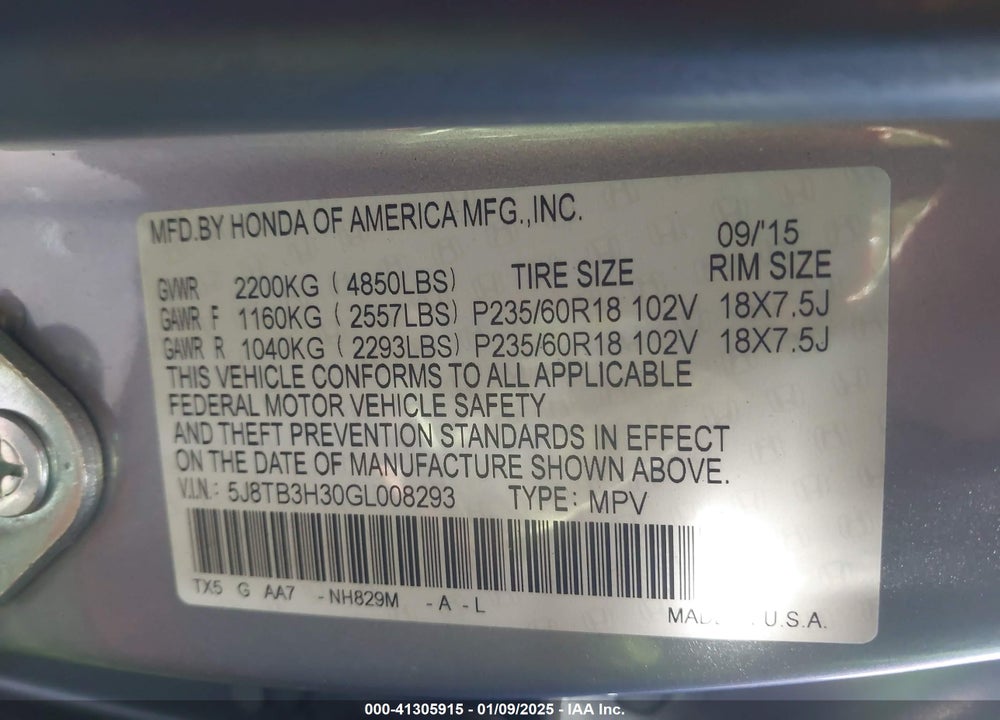 2016 ACURA RDX WATCH PLUS PKG VIN: 5J8TB3H30GL008293