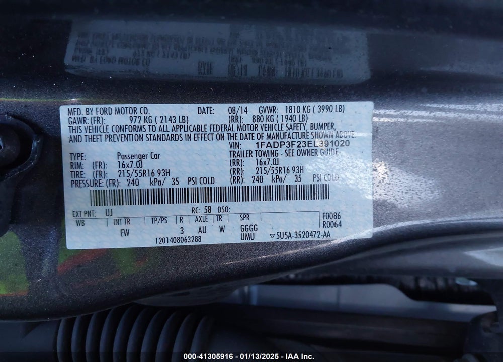 2014 FORD FOCUS VIN: 1FADP3F23EL391020