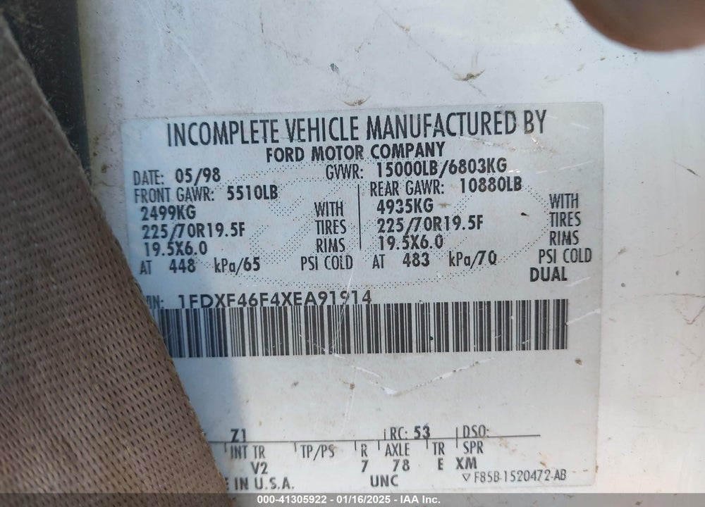 1999 FORD F-450 LARIAT/XL/XLT VIN: 1FDXF46F4XEA91914