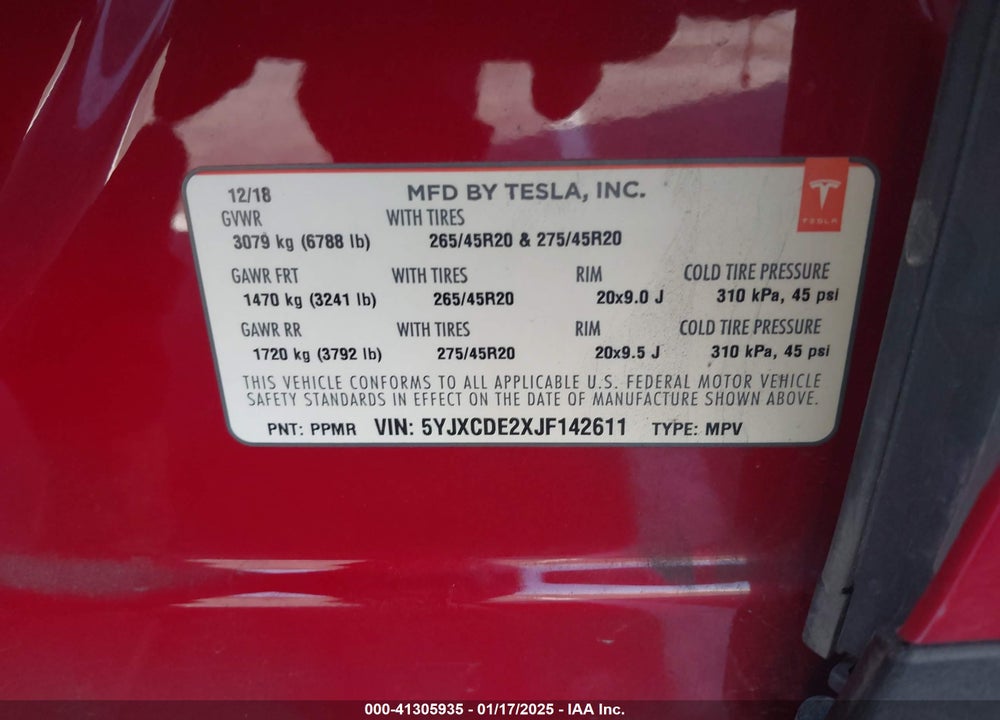 2018 TESLA MODEL X 100D/75D/P100D VIN: 5YJXCDE2XJF142611