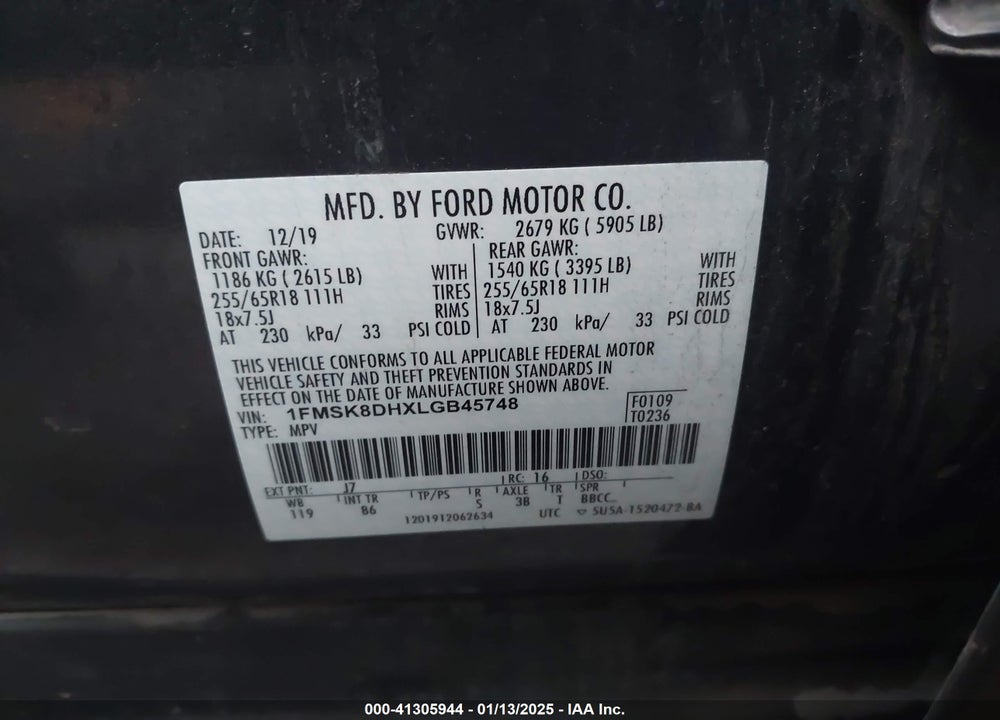 2020 FORD EXPLORER XLT VIN: 1FMSK8DHXLGB45748