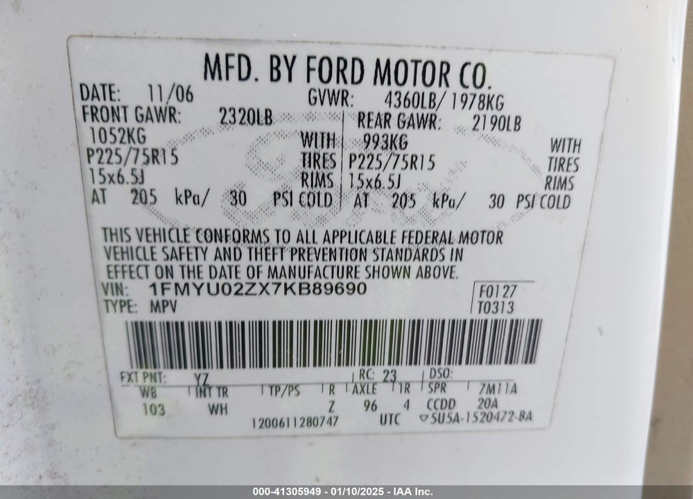 2007 FORD ESCAPE XLS/XLS MANUAL VIN: 1FMYU02ZX7KB89690