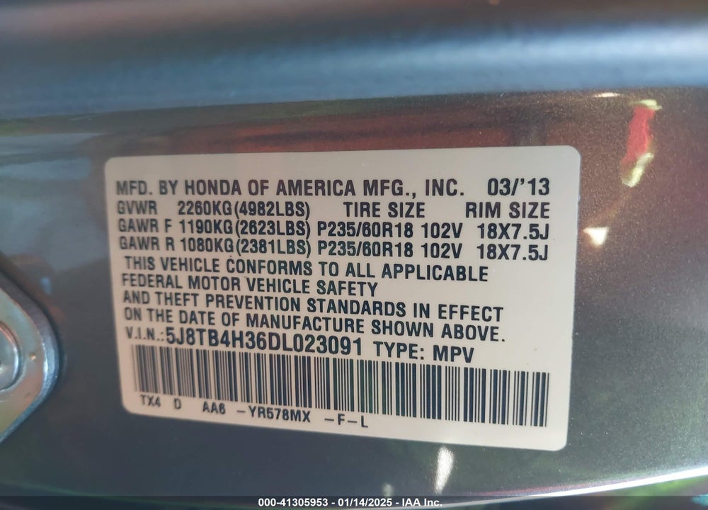 2013 ACURA RDX VIN: 5J8TB4H36DL023091