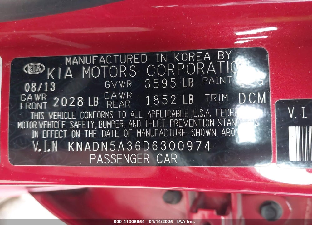 2013 KIA RIO VIN: KNADN5A36D6300974