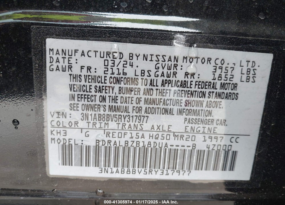 2024 NISSAN SENTRA S XTRONIC CVT VIN: 3N1AB8BV5RY317977