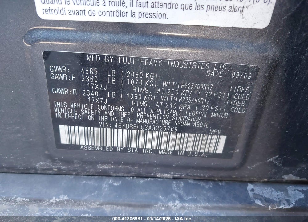 2010 SUBARU OUTBACK 2.5I PREMIUM VIN: 4S4BRBCC3A3329769