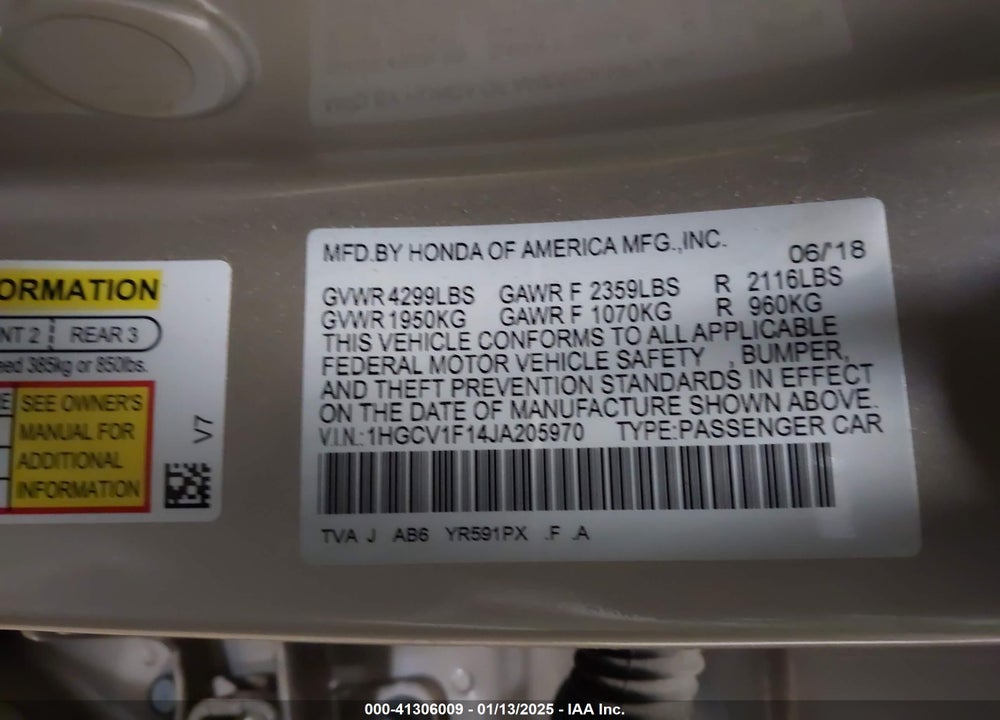 2018 HONDA ACCORD VIN: 1HGCV1F14JA205970