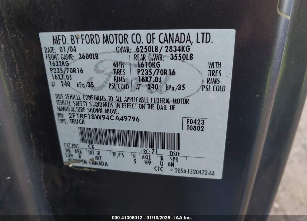 2004 FORD F-150 HERITAGE CLASSIC VIN: 2FTRF18W94CA49796