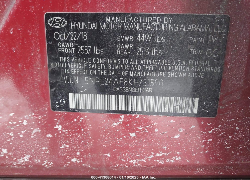 2019 HYUNDAI SONATA SE VIN: 5NPE24AF8KH751590
