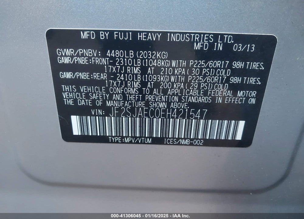 2014 SUBARU FORESTER 2.5I PREMIUM VIN: JF2SJAEC0EH421547