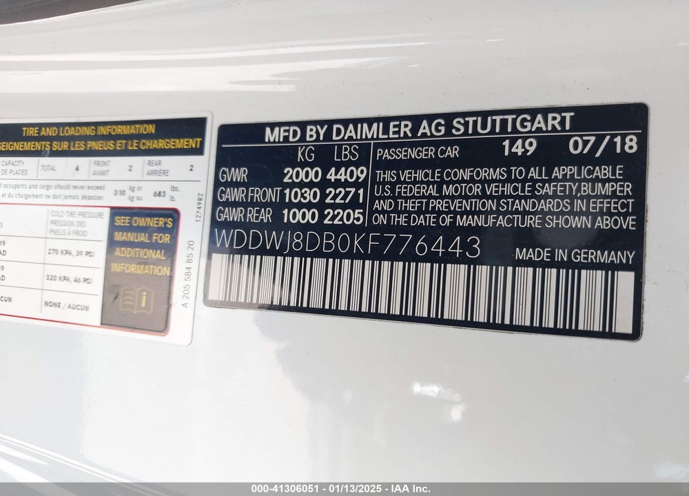 2019 MERCEDES-BENZ C 300 VIN: WDDWJ8DB0KF776443