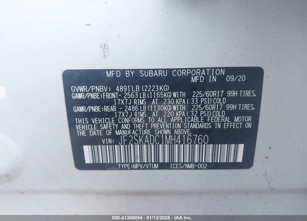 2021 SUBARU FORESTER VIN: JF2SKADC1MH416760