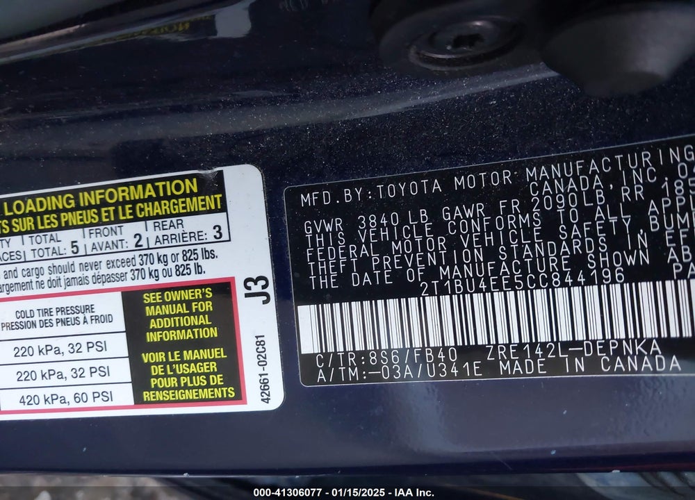 2012 TOYOTA COROLLA LE VIN: 2T1BU4EE5CC844196