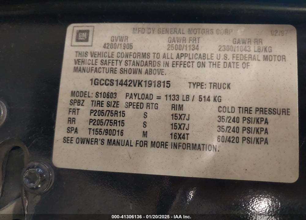 1997 CHEVROLET S-10 FLEETSIDE VIN: 1GCCS1442VK191815