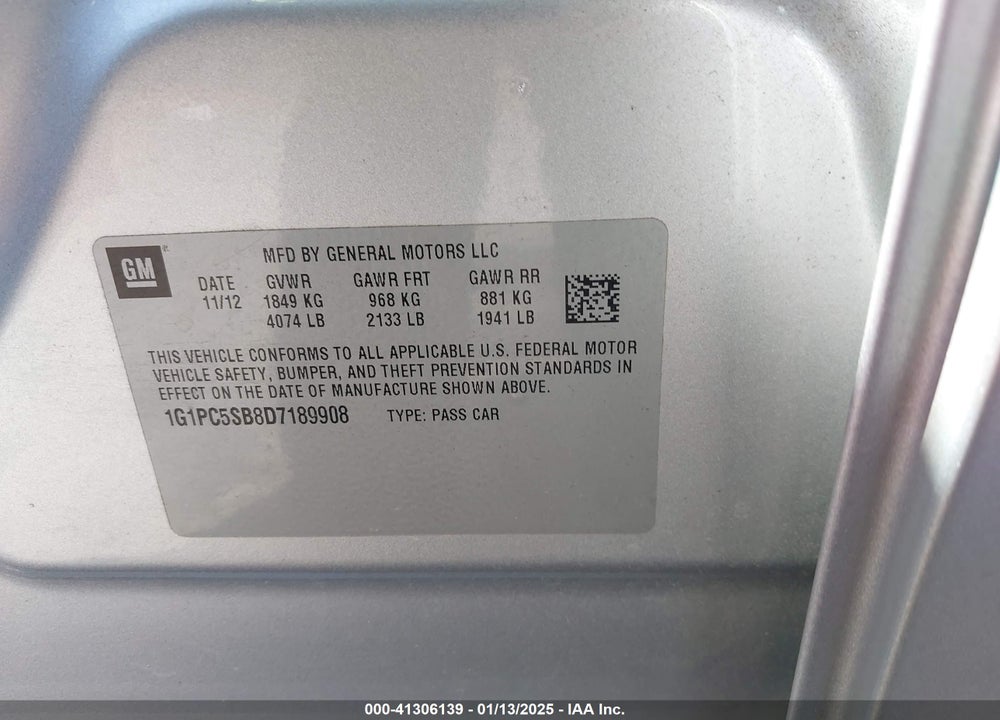 2013 CHEVROLET CRUZE 1LT AUTO VIN: 1G1PC5SB8D7189908