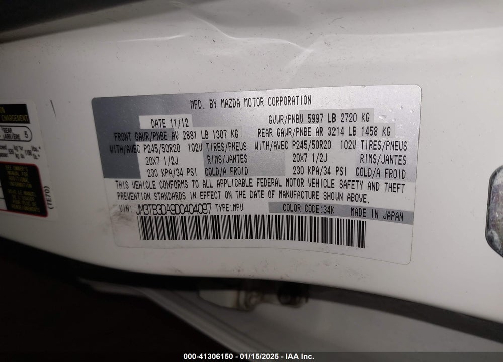 2013 MAZDA CX-9 GRAND TOURING VIN: JM3TB3DA9D0404097