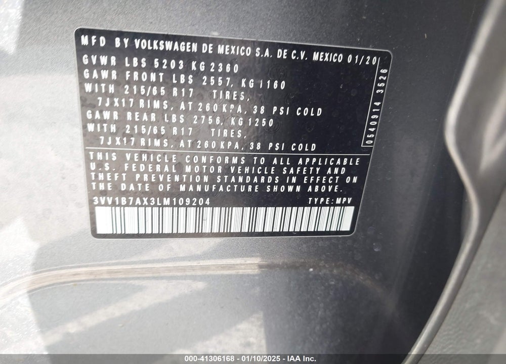 2020 VOLKSWAGEN TIGUAN 2.0T S VIN: 3VV1B7AX3LM109204