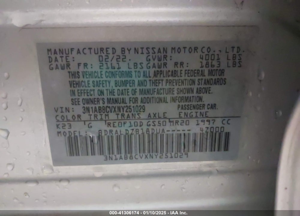 2022 NISSAN SENTRA VIN: 3N1AB8CVXNY251029