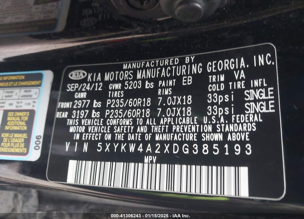 2013 KIA SORENTO SX VIN: 5XYKW4A2XDG385193
