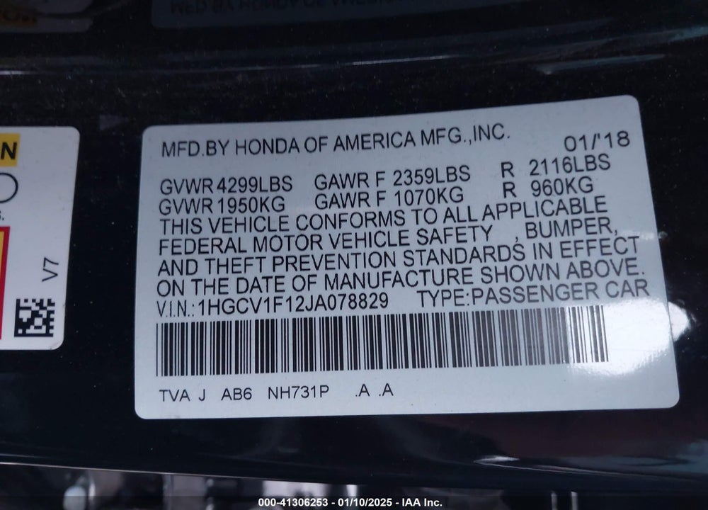 2018 HONDA ACCORD VIN: 1HGCV1F12JA078829