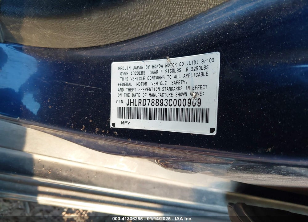2003 HONDA CR-V EX VIN: JHLRD78893C000969