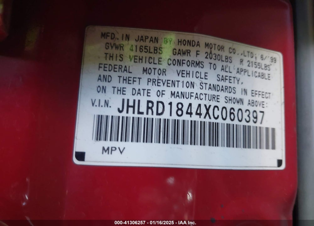 1999 HONDA CR-V LX VIN: JHLRD1844XC060397