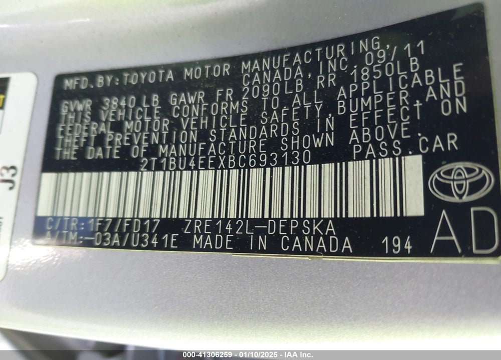 2011 TOYOTA COROLLA S VIN: 2T1BU4EEXBC693130