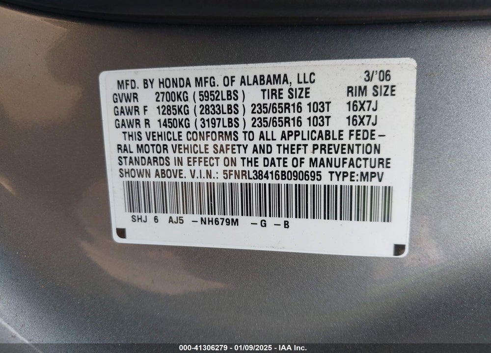 2006 HONDA ODYSSEY EX VIN: 5FNRL38416B090695