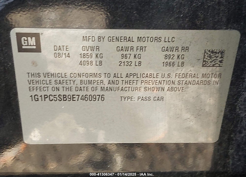 2014 CHEVROLET CRUZE VIN: 1G1PC5SB9E7460976