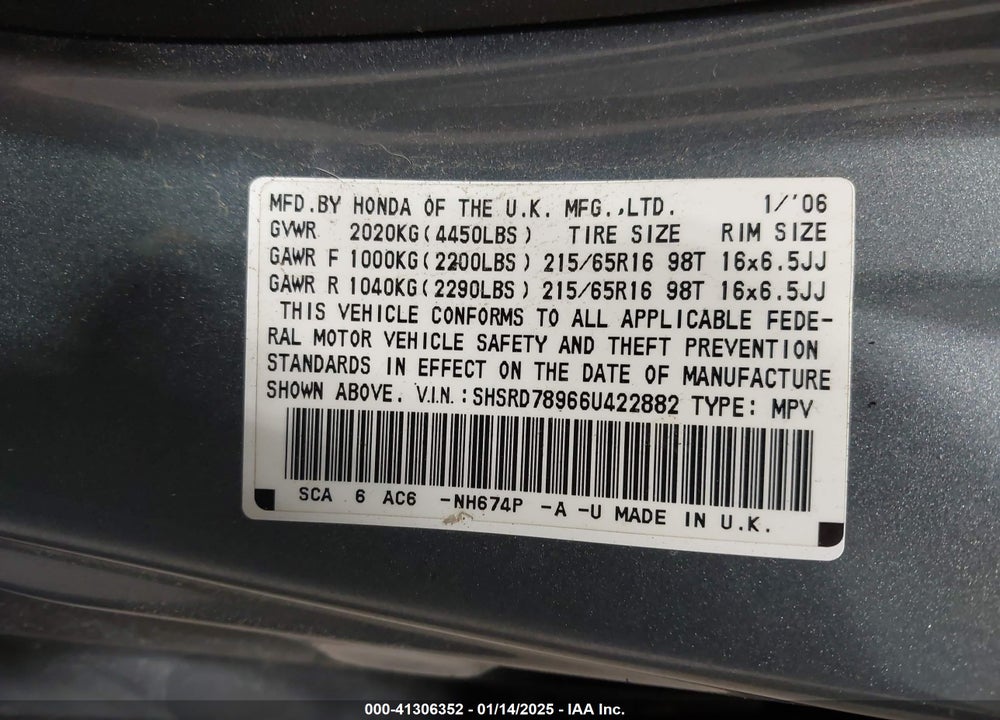 2006 HONDA CR-V SE VIN: SHSRD78966U422882