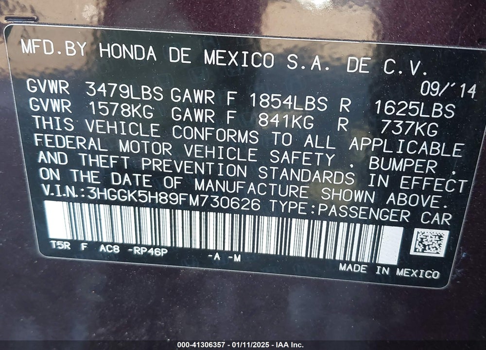 2015 HONDA FIT VIN: 3HGGK5H89FM730626