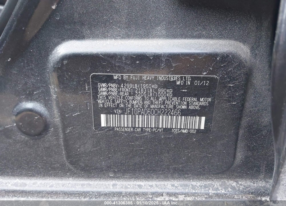 2012 SUBARU IMPREZA VIN: JF1GPAD60CH222466