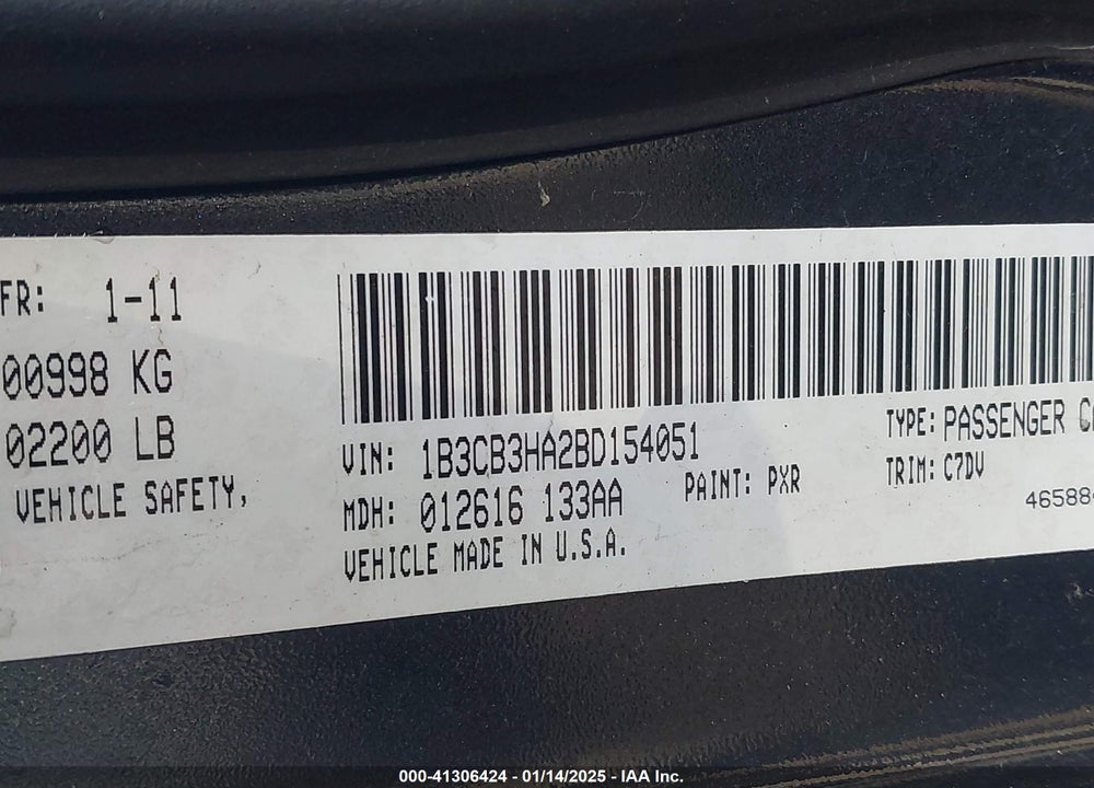 2011 DODGE CALIBER MAINSTREET VIN: 1B3CB3HA2BD154051