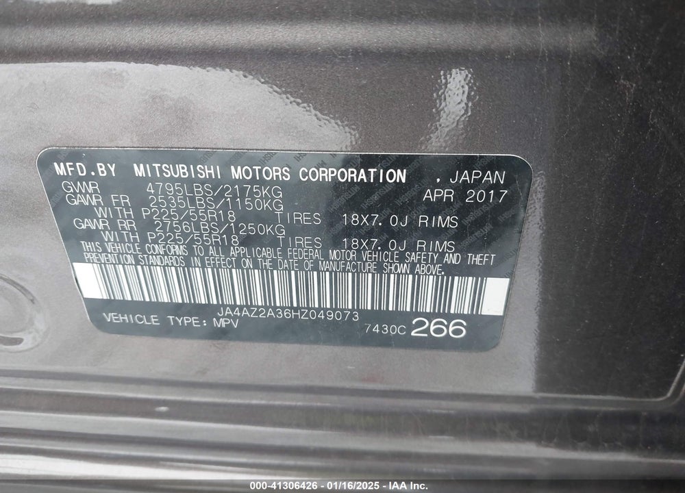 2017 MITSUBISHI OUTLANDER ES VIN: JA4AZ2A36HZ049073
