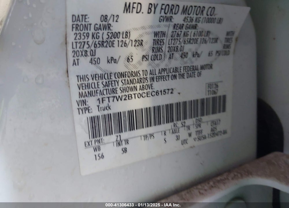 2012 FORD F-250 LARIAT VIN: 1FT7W2BT0CEC61572