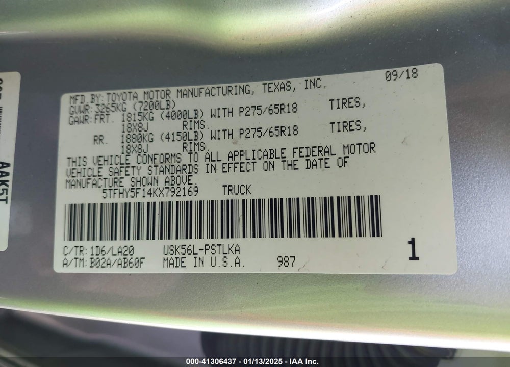 2019 TOYOTA TUNDRA LIMITED 5.7L V8 VIN: 5TFHY5F14KX792169