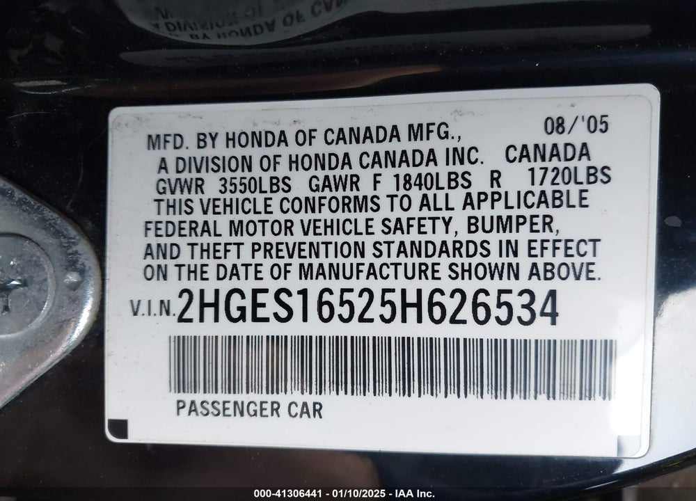 2005 HONDA CIVIC LX VIN: 2HGES16525H626534